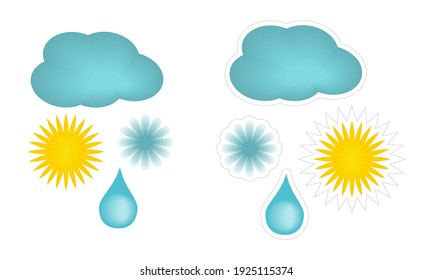 Set von Vektorkarikkkartonaufklebern mit Wetterelementen. Einfache, flache Clipkunst aus gelber Sonne, blauer Wolke, Rindrop und Schneeflocke einzeln auf weißem Hintergrund