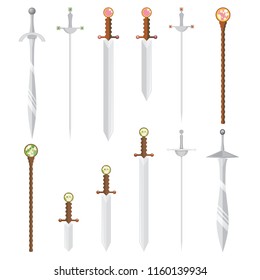 Set of vector cartoon style swords  and magic wands with white backjground for rpg game decoration for print and web  