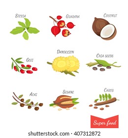 Set of Vector cartoon superfoods. Illustration for your design with super food.
acai, goji and other 