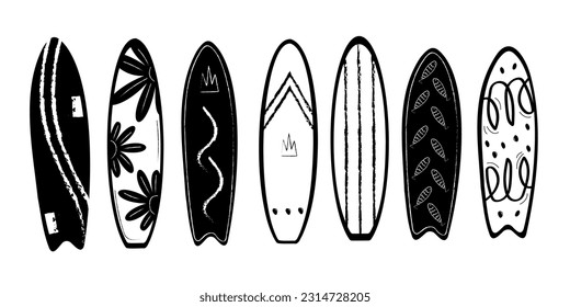 Set of vector cartoon surfboard in summer design with leaves, waves. Surfing Sport, Ocean Waves. Summer Activity, Lifestyle.