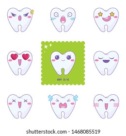 Set of vector cartoon teeth. Cute dental signs, symbols. Kawaii teeth with eyes, mouth, checks. Emotional characters with funny muzzles, perfect for stickers, kids, baby design. Different in each set