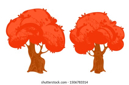 Set vector cartoon trees with autumn red foliage. Vector illustration in children's style.