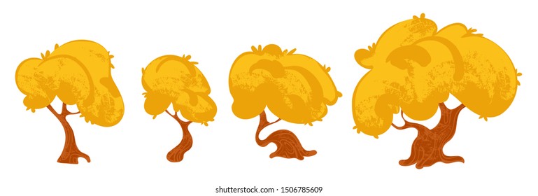 Set vector cartoon trees with autumn orange foliage. Vector illustration in children's style.