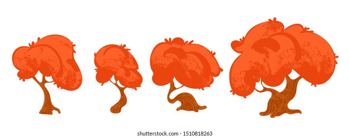Set vector cartoon trees with autumn red foliage. Vector illustration in children's style.