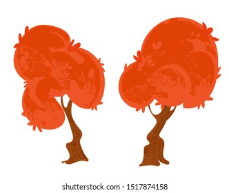 Set vector cartoon trees with autumn red foliage. Vector illustration in children's style.