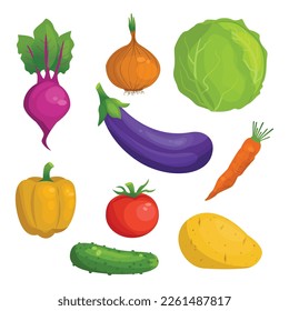  Set of vector cartoon vegetables. Cabbage, onion, pepper, beetroot, eggplant, tomato, cucumber, potato, carrot.