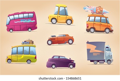 The set of the vector cartoon vehicles. There are a touring buses, the racing hot rod, the surfer's van, the heavy truck and the other. This is EPS 10.0 editable layered vector. Enjoy!