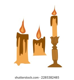 Set of vector cartoon vintage historical candles. Decorative candle for home. Fire and light.