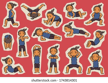 Set of  vector cartoon woman illustration, work out