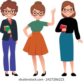 Set of vector cartoon women teacher in different poses Stock Illustration