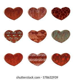 Set vector cartoon wood heart with different textures.Design elements for Valentine's day.