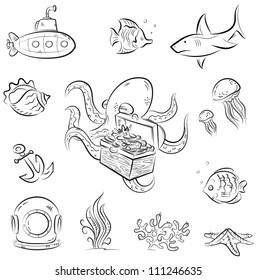 Set of vector cartoons on deep underwater world theme