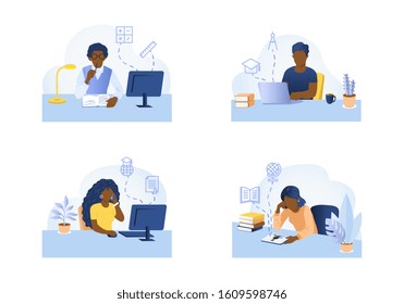 Set of vector cartoons on the topic of online education with people sitting alone at the desk with computers and do the learning