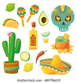 Set of vector cartoon-style Mexico Latin America symbols. Welcome to mexico party fiesta sombrero and Spanish tequila drink shot set. Latin traditional ethnicity symbols. Isolated stickers.

