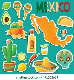 Set of vector cartoon-style Mexico Latin America symbols. Welcome to mexico party fiesta sombrero and Spanish tequila drink shot set. Latin traditional ethnicity symbols and Mexico map