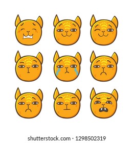 Set of vector cat emoticons in line style. Cute cat emoji in cartoon style. Flat emoji isolated on white background. Emoticons collection for chat. Vector illustration set with cats faces with contour