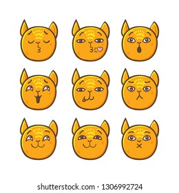 Set of vector cat emoticons in line style. Cute cat emoji in cartoon style. Flat emoji isolated on white background. Emoticons collection for chat. Vector illustration set with cats faces