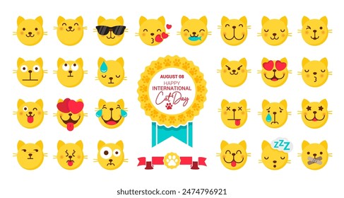 Set of vector cat emoticons in line style. Cute cat emoji in cartoon style. Flat emoji isolated on white background