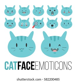 Set of vector cat face emoticons isolated on white background. Collection of emoji expressions of  multicolored cat face. Simple flat graphic design.