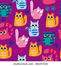 Set of vector cats depicting different breeds and fur color on a pink background. Ammless pattern.