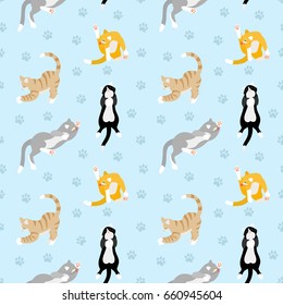 Set of vector cats depicting different breeds and fur color on a blue background. Beautiful pattern with different breeds of cats.