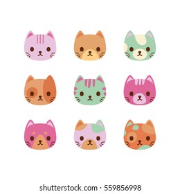 Set of vector cats faces. Cute cat characters.