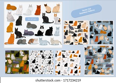 Set of vector cats and seamless patterns with cats on light blue background.