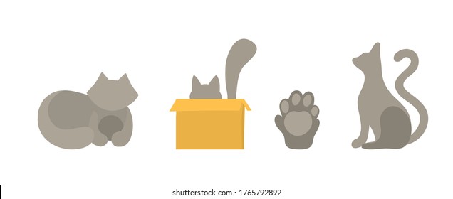 Set of vector cats silhouettes in flat style. Isolated on a white background cats in different poses. The cat sits in the pose of the sphinx, hides in a corton box and stretches its paws forward. Cat