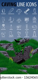 set of vector caving speleo travel thin line icons with cave and bats