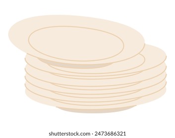 Set of vector ceramic plates in different position in doodle style. A stack of plates, clean dishes. Hand-drawn kitchen utensils, sketch isolated on white background.