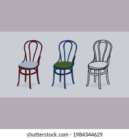 Set of vector chairs of different colors and spaces. outline illustrations.