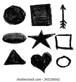 Set of vector chalk and charcoal hatching. Hand-drawn strokes and scribbles. Various shapes on white. Vector illustration.