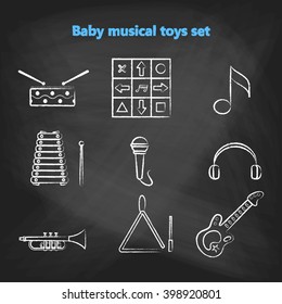 Set of vector chalk icons of musical instrumen. Vector illustration in white chalk line style. Collection vector elements for web design, mobile applications, design flyers, discounts and advertising