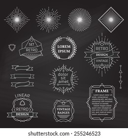 Set of vector chalk linear design elements. Retro linear badges, labels, ribbons, frames and emblems on blackboard background. There is place for your text.