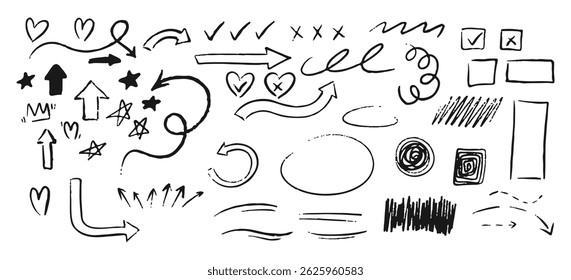 Set of vector chalk marks, doodle arrows and geometric abstract figures, grunge and sketch design elements.