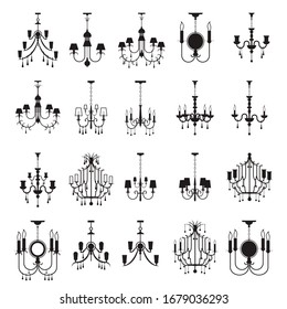 Set of vector chandeliers. Interior furniture icons. Ceiling lamp icon set. Silhouette ceiling lamps light for home appliance indoor furniture.