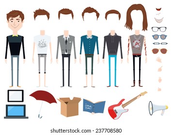 Set of vector character with different hair styles, objects and outfits