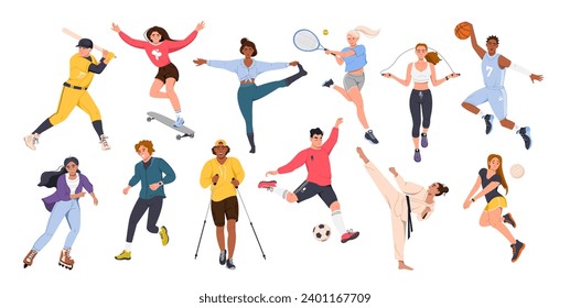 Conjunto con personajes vectores de atletas. Hombres y mujeres juegan deportes. Equipo, juego, deportes callejeros, artes marciales. Ilustración vectorial en el estilo plano