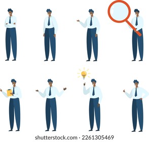 A set of vector characters. Black male businessman in different situations. Standing guy, hands on chest, magnifying glass, idea