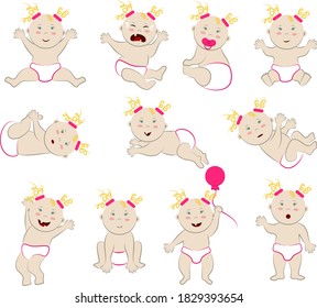 Juego de personajes vectoriales de un bebé rubio de piel blanca con ojos azul-verde-gris. Clipart de la pequeña caucásica con diferentes estados de ánimo y diferentes poses