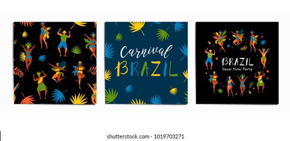 Set vector characters. Set of brazilian samba dancers of the carnival in Rio de Janeiro with seamless pattern, lettering design. Vector illustration in retro flat style with carnival women and men.