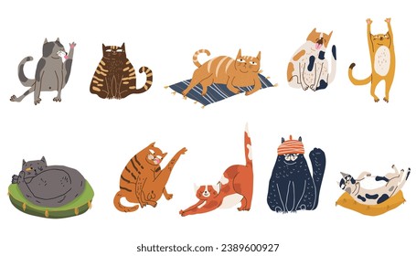 Set of vector characters of cartoon cats, domestic, outbred, purebred, funny cats. Cat day, pet day.