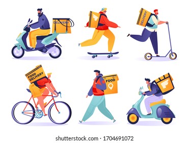 Set of vector characters in cartoon flat style. Delivery service concept. Couriers walk, ride motorcycle and bicycles, skateboards and scooters. Deliver orders to different points of the city.