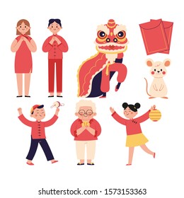 a set of vector characters and Chinese New Year illustrations, women, male children, and grandmothers celebrating Chinese New Year. the characters of lion dance, lanterns as Chinese New Year