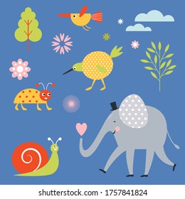  Set of vector characters. Chsildish style illustrations. Cute elephant, snail, birds.