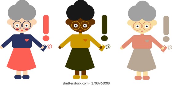 Set of vector characters consisting of three open-eyed confused old women of different races holding a phone. 