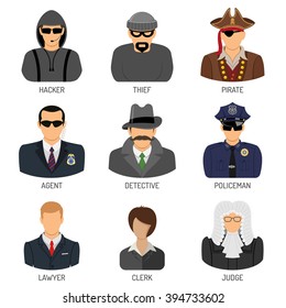 Set Vector Characters of Criminals and Law Enforcers Flat Icons for Poster, Web Site, Advertising Like Thief, Policeman, Lawyer, Judge, Hacker, Agent, Detective.