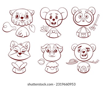Set of vector characters of cute animals: pig, panda, bear, mouse, fox and ram in doodle and line style.