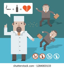 Set of vector characters and design elements about the dangers of smoking and alcohol.