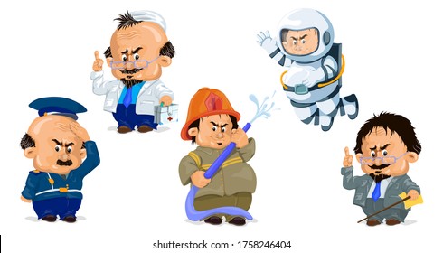 A set of vector characters of different professions. Police officer, doctor, fireman, astronaut, teacher